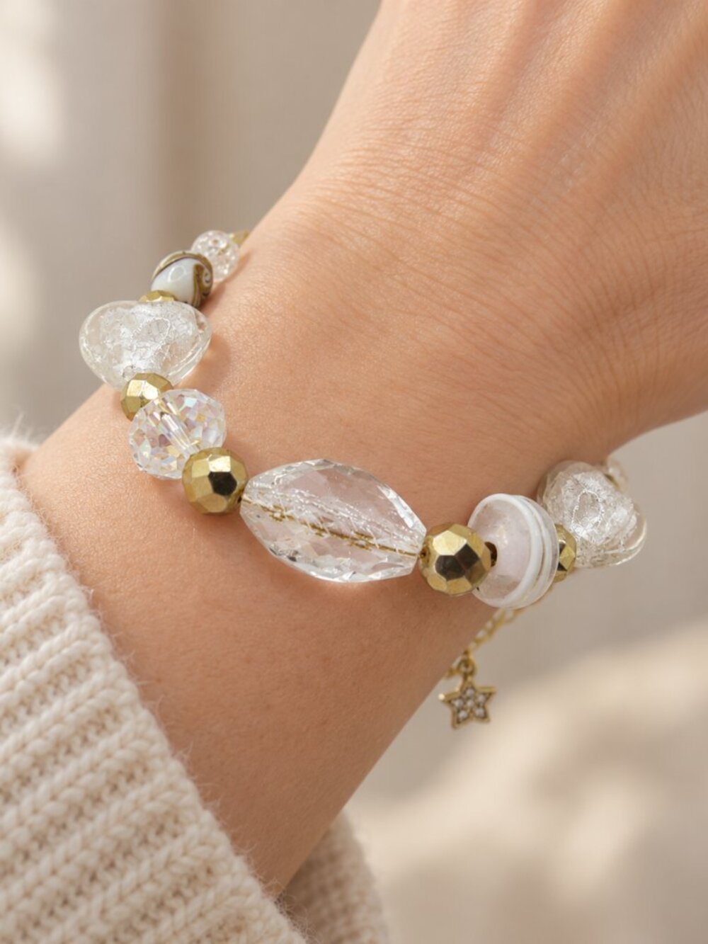 White & Gold Art Glass Heart Beaded Bracelet Adjustable